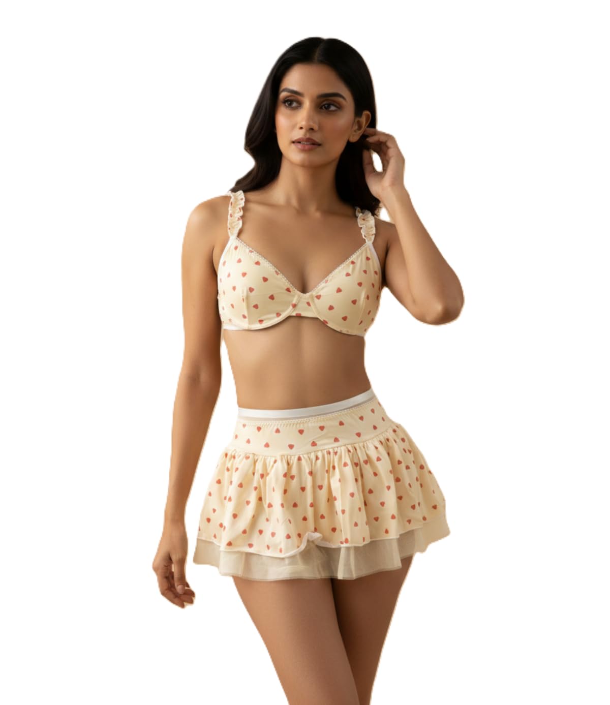 GD Lingeries Yellow Heart Print Bralette Set for Women Ruffle Mini Skirt