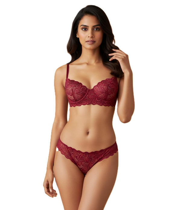 Bordeaux Lace Balconette Bra and Panty Set for Women | Undergarments for Girls | Wine Red Floral Lingerie Set | Padded Underwired Lace Bra and Panty Set