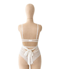 Ivory Lace Tie Back Bodysuit with Mesh Panels for Women