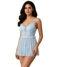 Powder Blue Lace and Mesh Babydoll Nightdress with Bow Accents for Women V-Neckline with Scalloped lace Edges