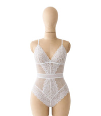 Ivory Lace Tie Back Bodysuit with Mesh Panels for Women