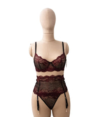 Burgundy Black Lace Bra Garter Belt and Thong Set for Women