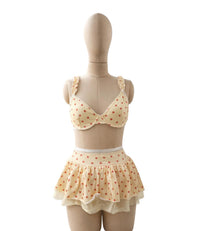 GD Lingeries Yellow Heart Print Bralette Set for Women Ruffle Mini Skirt