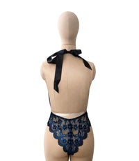 Blue Black Lace Plunge Bodysuit with Satin Waist Tie for Women | Deep-V Halter Neck Lace Lingerie with Satin Ribbon Belt