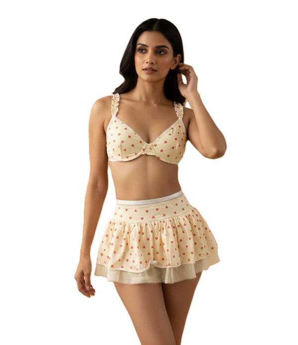 GD Lingeries Yellow Heart Print Bralette Set for Women Ruffle Mini Skirt