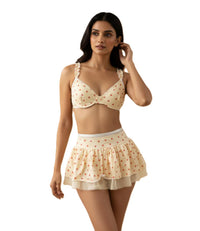 GD Lingeries Yellow Heart Print Bralette Set for Women Ruffle Mini Skirt