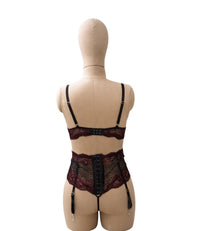 Burgundy Black Lace Bra Garter Belt and Thong Set for Women