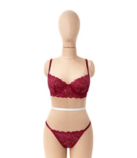 Bordeaux Lace Balconette Bra and Panty Set for Women | Undergarments for Girls | Wine Red Floral Lingerie Set | Padded Underwired Lace Bra and Panty Set