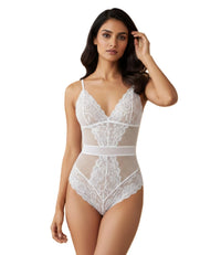Ivory Lace Tie Back Bodysuit with Mesh Panels for Women