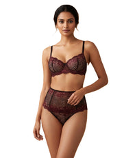 Burgundy Black Lace Bra Garter Belt and Thong Set for Women